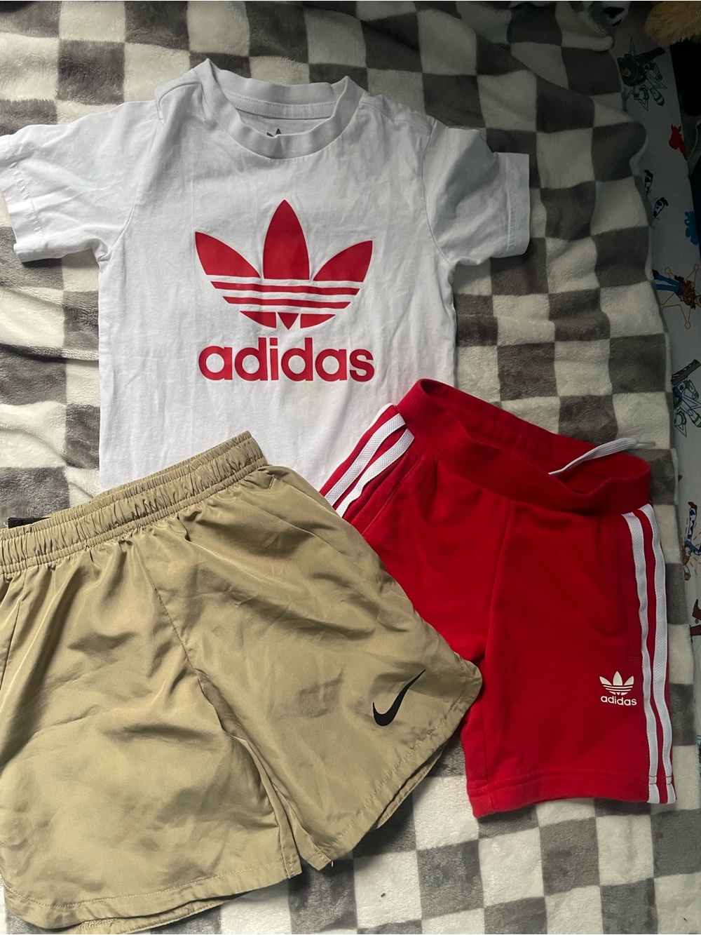 adidas Kids Red Athletic Shorts - Crew Trefoil Logo and beige Nike DRI-FIT size